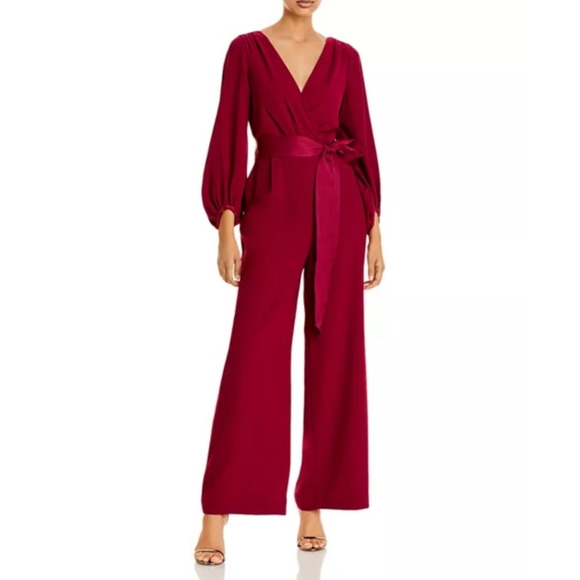 🔥Eliza J Wine Long Sleeve Wide Leg V-Neck Jumpsuit - Picture 1 of 17